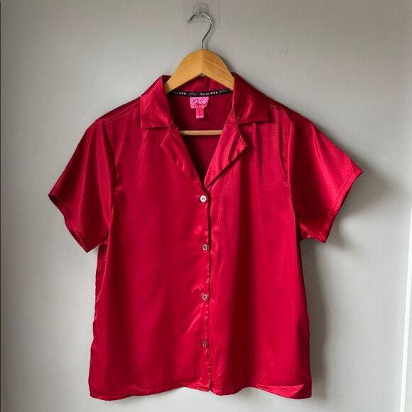 Betsey Johnson Red Satin Button Down Shirt Blouse - Picture 1 of 6